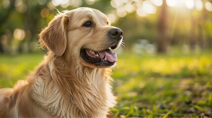 Golden Retriever Enjoying Sunshine in Lush Green Park - Portrait of Happy Dog Outdoors in Nature
