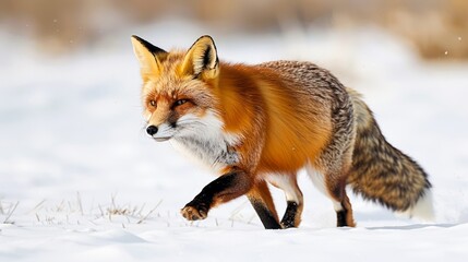 Obraz premium Majestic Red Fox in Natural Habitat, Walking Through Snowy Wilderness, Wildlife in Winter Season
