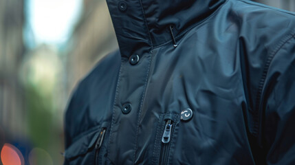 A plainlooking jacket with a discreet button that activates a distress signal in case of an emergency. The jacket is equipped with GPS tracking and can also send a notification - obrazy, fototapety, plakaty