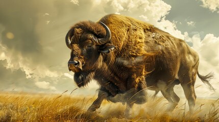Majestic American Bison Charging Through Golden Grassland Under Dramatic Cloudy Sky