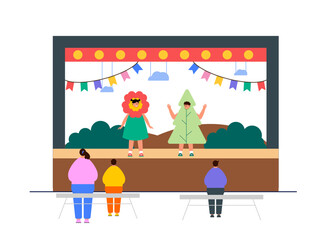 Kids is performing a drama on stage. Theatre vector illustration.