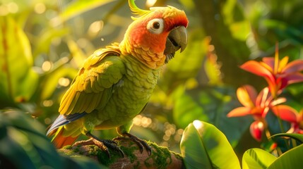 Vibrant Colorful Parrot Perched in Lush Tropical Rainforest with Sunlight Filtering through Foliage