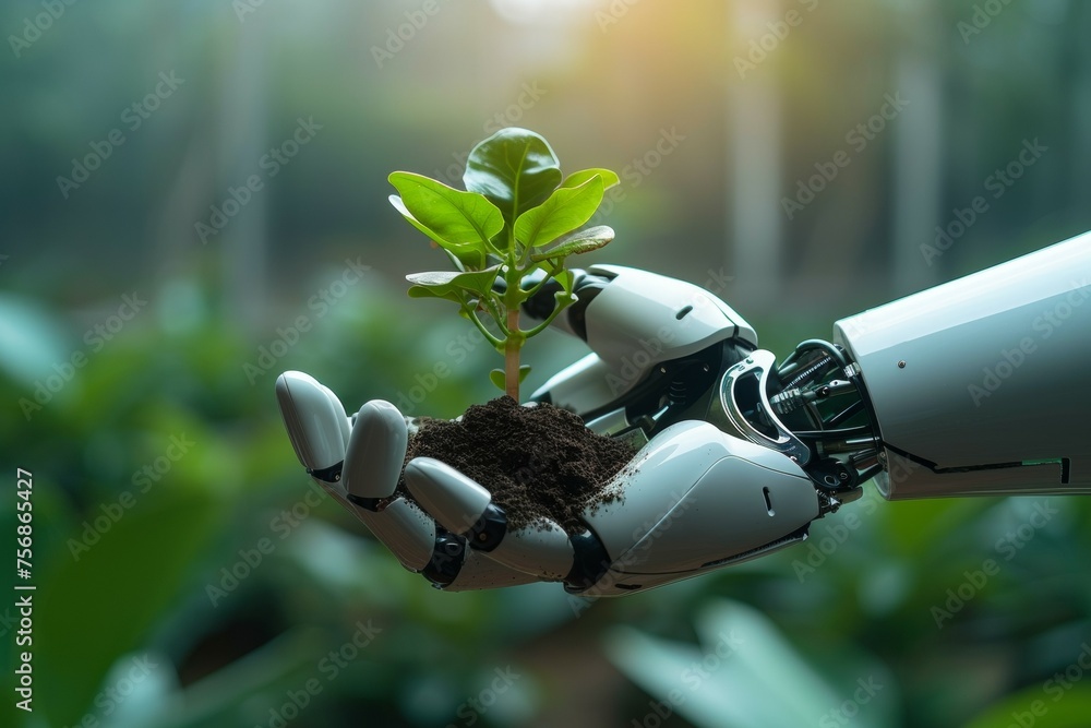 Poster a robot hand works on a modern farm. background with selective focus and copy space