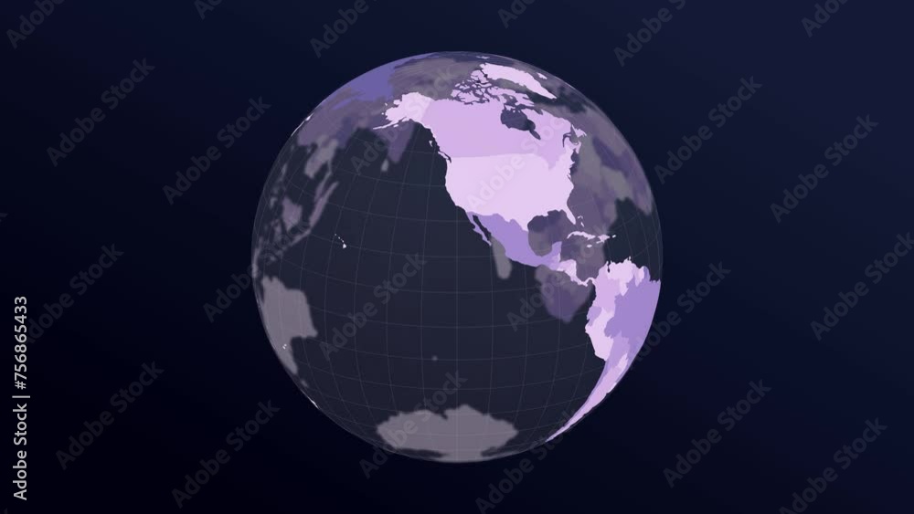 Poster the globe with world map. dark translucent earth planet in purple colors rotating. second turn chang