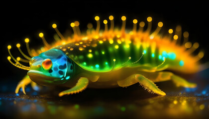 A creature emitting shades of blue and green light against a dark background