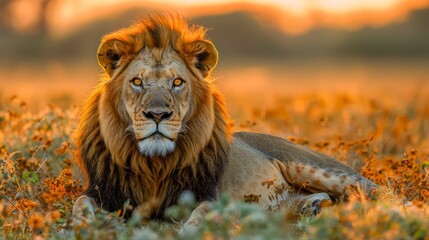 Majestic Male Lion Lounging in a Vibrant Field at Sunset, Golden Hour Wildlife Portrait in the Savannah