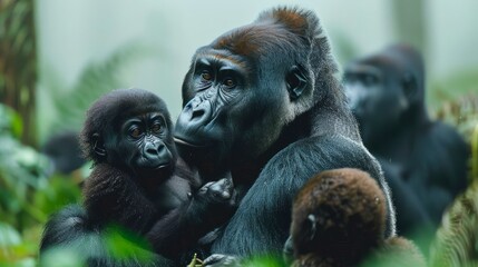 Naklejka premium Tender Moment Between Western Lowland Gorilla Mother and Baby in Misty Rainforest