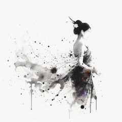 Thailand girl wearing traditional clothes in splash ink painting with Generative AI.