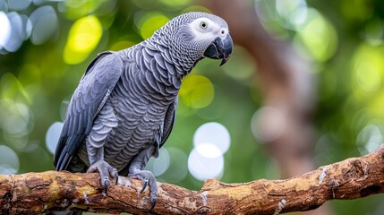 Obraz premium Majestic African Grey Parrot Perched on Branch in Verdant Habitat with Ethereal Bokeh Background