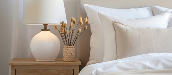 In the cozy room of the building, there is a hardwood lamp on the nightstand next to the bed, adding comfort to the interior design