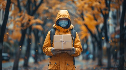 Person in yellow raincoat holding a package in autumn.