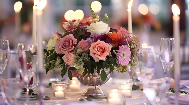 A beautifully decorated centerpiece filled with flowers and candles adorns a table set for a special occasion.