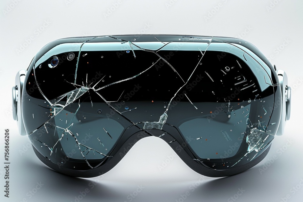 Poster broken virtual reality glasses with cracks. background with selective focus and copy space