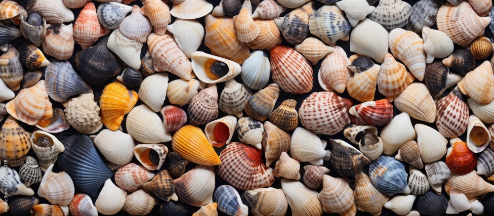 Poster a mixture of sea shells and rocks create a natural art installation on the beach, blending with the 
