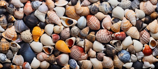 A mixture of sea shells and rocks create a natural art installation on the beach, blending with the soil and gravel. Perfect for plant cuisine dishes inspired by the ocean