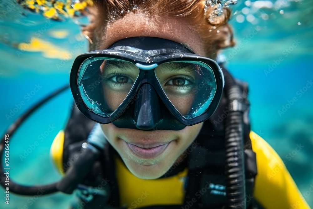 Poster child at diving lessons. background with selective focus and copy space