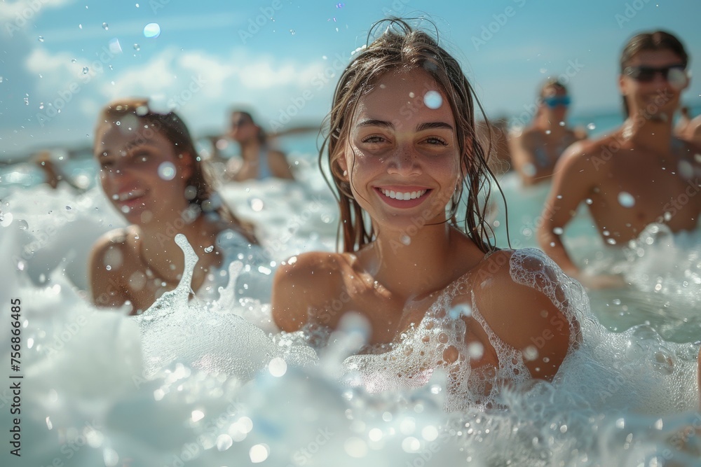 Poster A woman is in the ocean with her friends, and they are all smiling. Summer foam party concept