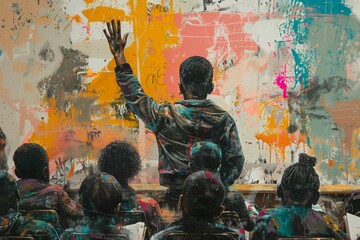 A painting of a classroom with a boy raising his hand