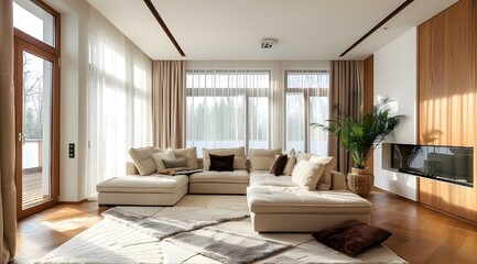 Naklejka na ściany i meble Elegant and comfortable designed living room with big corner sofa, wooden floor and big windows