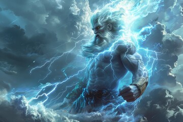 A man with a beard and a lightning bolt in his hand is depicted in a painting - obrazy, fototapety, plakaty