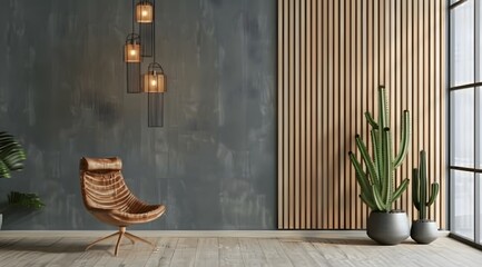 gray wall in front of modern wooden separator modern pendant lamp textured wood laminate flooring and cactus with leather chair concept