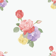 Floral seamless pattern, colorful rose bouquet on light grey background