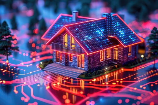 A house is lit up with neon lights and is on a circuit board by AI generated image