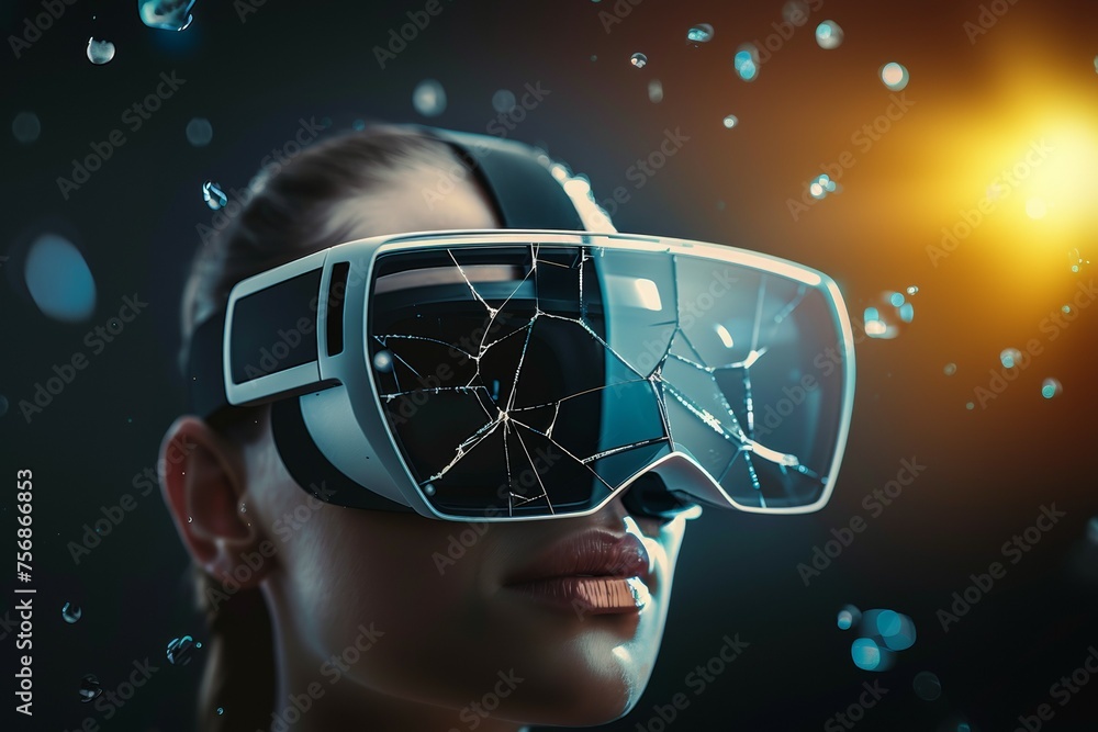Poster broken virtual reality glasses with cracks. background with selective focus and copy space