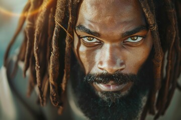 A man with dreadlocks and a beard is staring at the camera