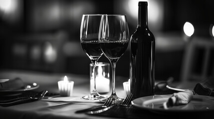 French wine bottle beside a filled glass, set on a candlelit table, hinting at a romantic dinner. Black and white, monochrome. Copy space.