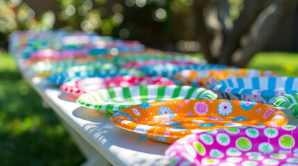A row of brightly patterned paper plates and napkins adding a fun and festive touch to the backyard picnic setup.