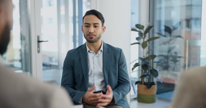 Meeting, recruitment or businessman in job interview with people in office talking in negotiation. Explain, managers or person speaking to hr for hiring opportunity in discussion or communication