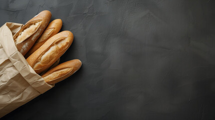 A brown paper craft bag filled with golden baguettes against a dark backdrop. Grocery store concept, food delivery. Copy space, banner. - obrazy, fototapety, plakaty