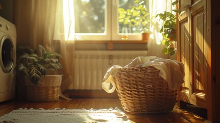 Sunlit laundry basket on a wooden floor next to a washing machine