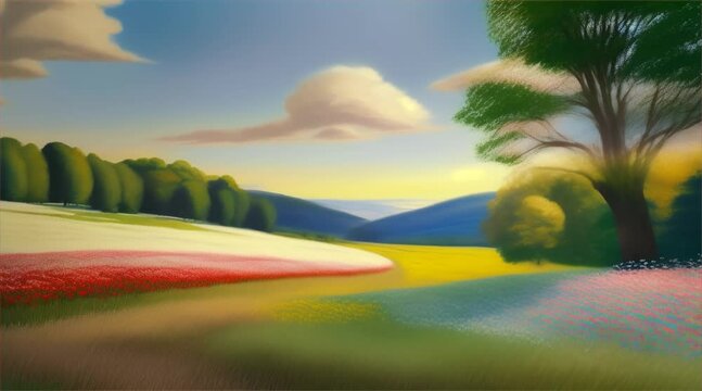 Mountain meadows: A serene landscape with lush green trees, field of colorful flowers and a colorful sunset painting the sky in shades of blue, yellow, and orange, showcasing the beauty of nature