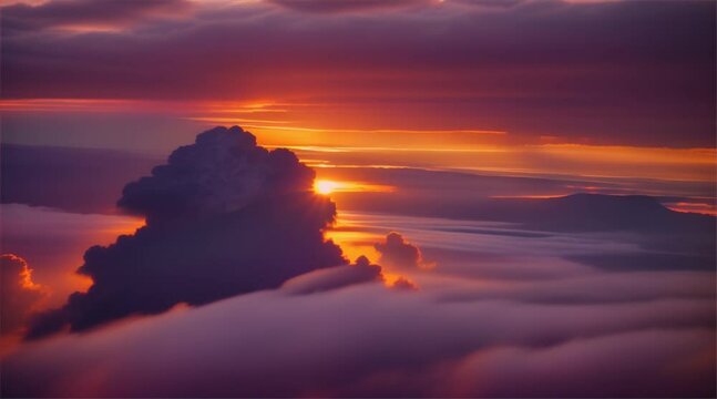 Sundown Serenity: A beautiful, dramatic sunset over the clouds, painting the evening in orange, red and blue amidst a dramatic cloudscape.