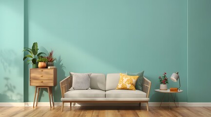 green mint wall with sofa & sideboard on wood floor-interior - obrazy, fototapety, plakaty