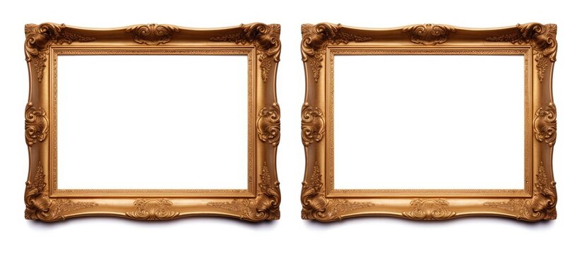 Two brown wood picture frames with a rectangular shape, showcasing symmetry and art. The frames are made of metal brackets and stand out on a white background