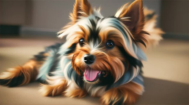 Yorkshire Terrier Portrait: A cute small puppy, brown and white, sitting with tongue out