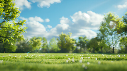 A serene park scene focusing on vibrant green grass under a sunny blue sky with fluffy clouds