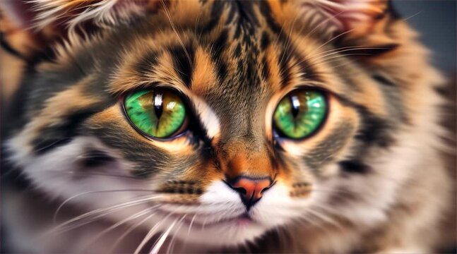 Cat Close-Up Portrait: A beautiful close-up image capturing the striking eyes and fur details of a cat, emphasizing its majestic feline nature