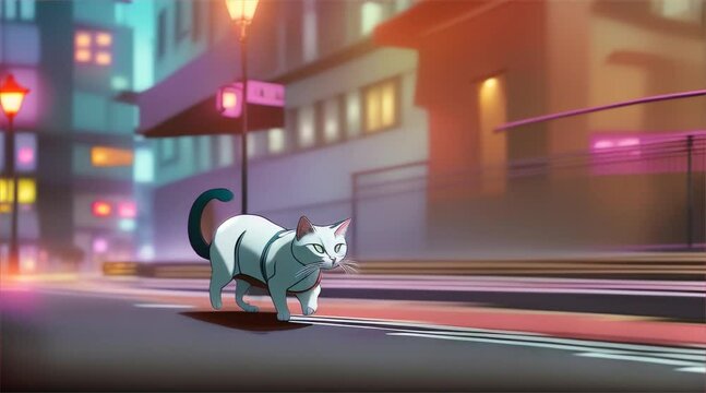 A white cat with orange fur walks on a city street at night, attracting attention with its cute eyes and playful nature.