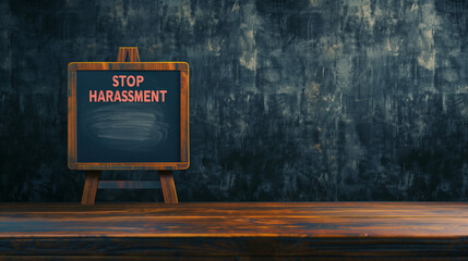 Wooden table displaying a STOP HARASSMENT sign over a chalkboard background. Copy space, banner.