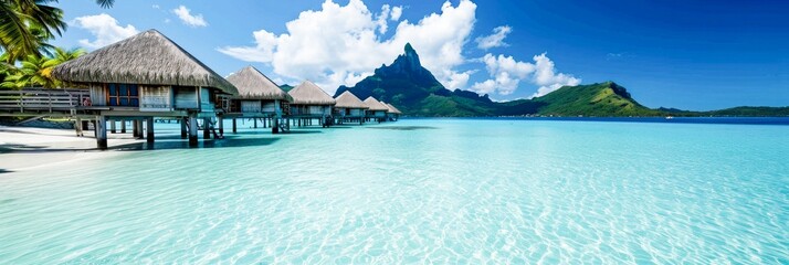 Overwater bungalows with a mountain backdrop under a clear blue sky, perfect for travel themes. for travel brochures, holiday websites, and tropical destination marketing.