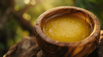 A closeup of a wooden bowl filled with a homemade salve made from natural ingredients such as beeswax and infused oils. This salve is often used to treat skin irritations - obrazy, fototapety, plakaty