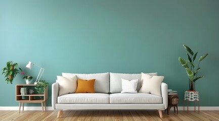 Fototapeta na wymiar green mint wall with sofa & sideboard on wood floor-interior