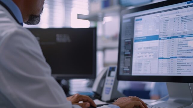 A doctor sits down at a computer with a patient reviewing their electronic health record together. The doctor explains the importance of keeping track of their medical history