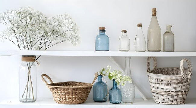 home interior decoration the branches in vintage bottles and baskets on white shelves