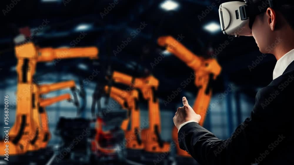 Poster xai engineer use cybernated robotic software to control industry robot arm in factory. automation ma