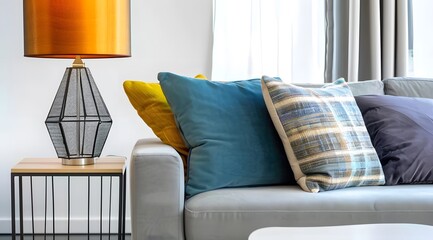 Interior design with couch, colorful cushions and lamp on end table